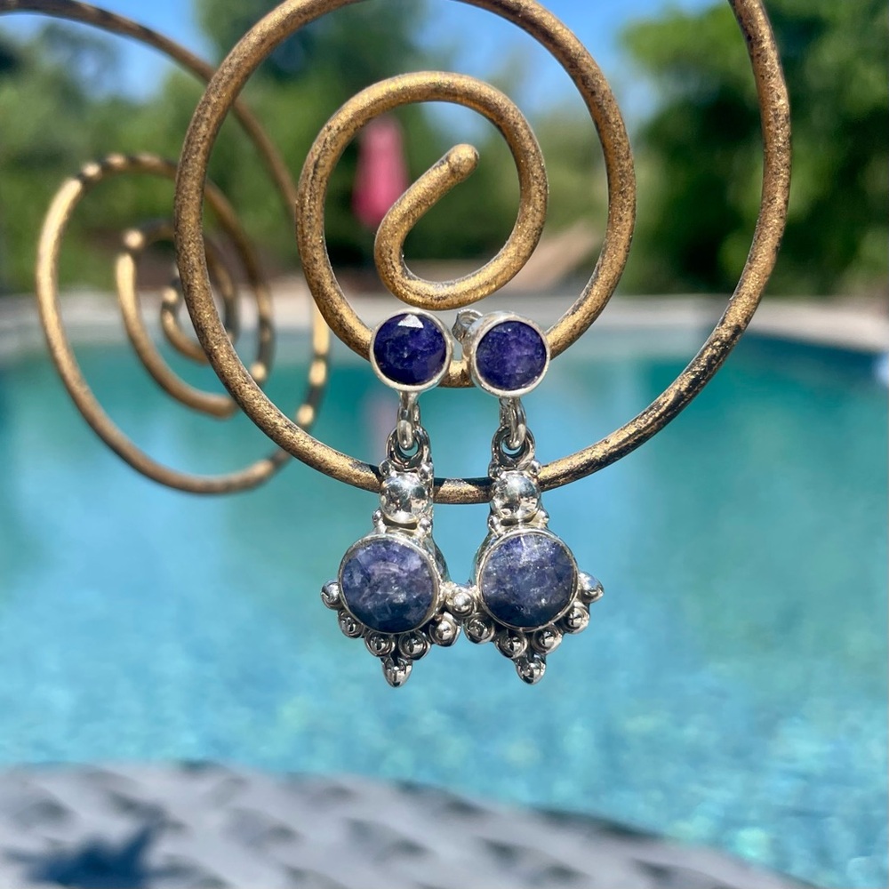 Vintage Natural Faceted Round Sapphire Dangle Earrings Set In 925 Sterling